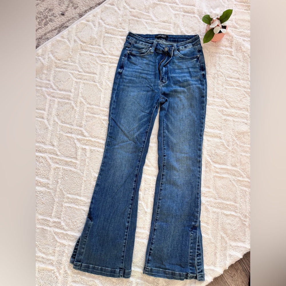 Judy Blue High Waist Tummy Control Top w/ SS Hemmed Slim Bootcut Denim Jeans